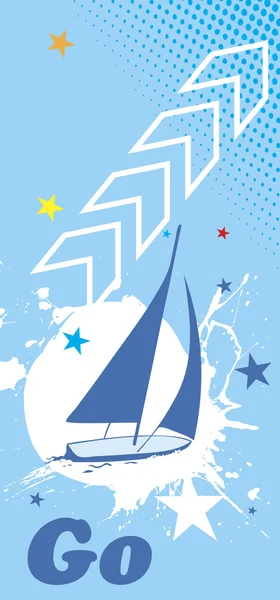 Blue sea background with white splash.Yacht vertical banner.Go t — Stock Vector