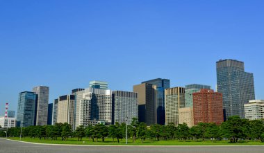 Tokyo, Japonya - 29 Sep 2017. Imperial Palace East Garden 'lı modern binalar. İlk kez 1888 'de inşa edilmiş bir sarayın bahçesinde, Edo Kalesi kalıntıları olan büyük manzaralı bahçeler..