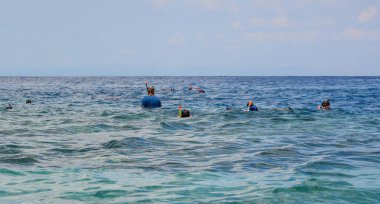 Turistler Endonezya 'daki Gili Adaları' nda mercan görmek için tüplü dalış yapıyorlar. Gili, güzel beyaz kumlu plajları ve renkli mercan resifleriyle tanınır..
