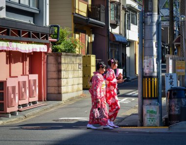 Kyoto, Japonya - 22 Kasım 2019. Japonya 'nın Kyoto şehrinde kimono giyen insanlar yürüyor. Kyoto, Japonya 'nın kültürel başkenti ve önemli bir turizm merkezi olarak kabul edilir..