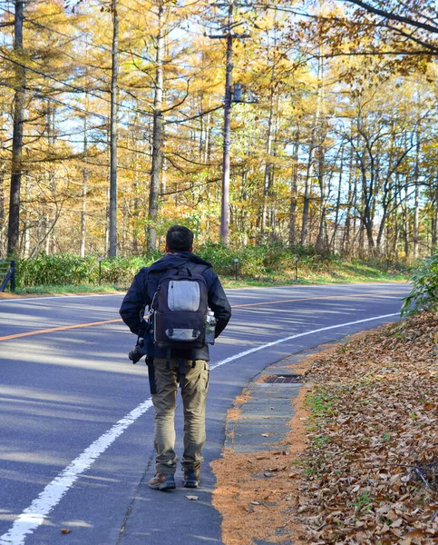 Giovane Uomo Che Cammina Sulla Strada Della Foresta Autunnale Nella — Foto Stock