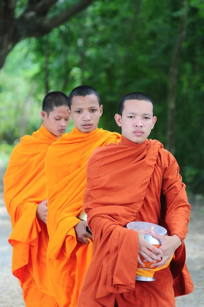 Aziatische jonge monniken ochtend alms wandelen — Stockfoto