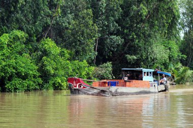 Mekong Nehri üzerinde yüzen tekne izole