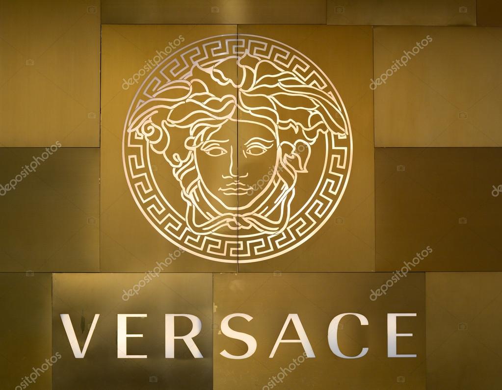 Singapore - December 19, 2014. Close up of Versace brand logo in front of Vasace shop inside Marina Bay Sands.