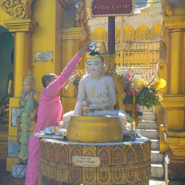 Buddhistische Anhänger baden Buddha-Statuen in der Shwedagon-Pagode — Stockfoto