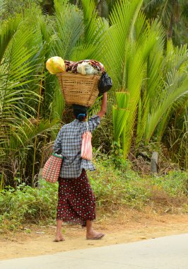 Burmese woman is carrying a bag on her head