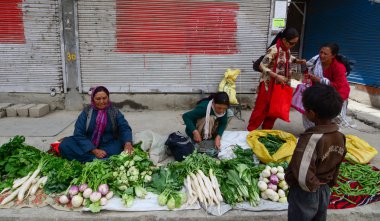 Ladakh, Hindistan - 22 Temmuz 2015. Meyve ve sebze Leh pazarında, Ladakh, Türkiye yol kenarında satış kimliği belirsiz Ladakhi bayanlar.