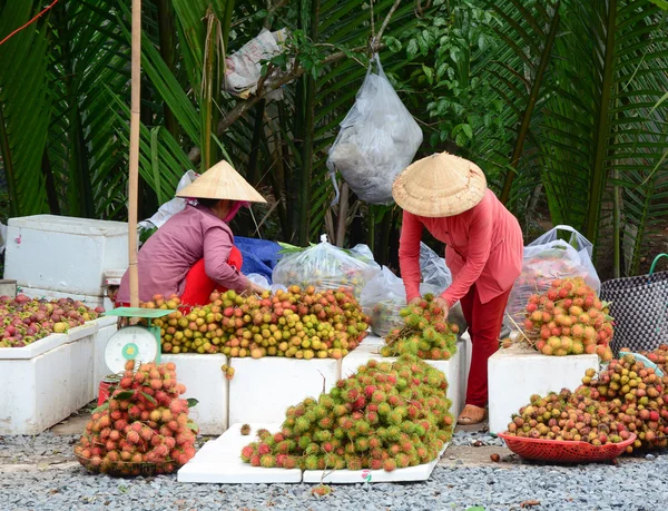 Mulheres vietnamitas vendendo muitas frutas tropicais — Fotografia de Stock