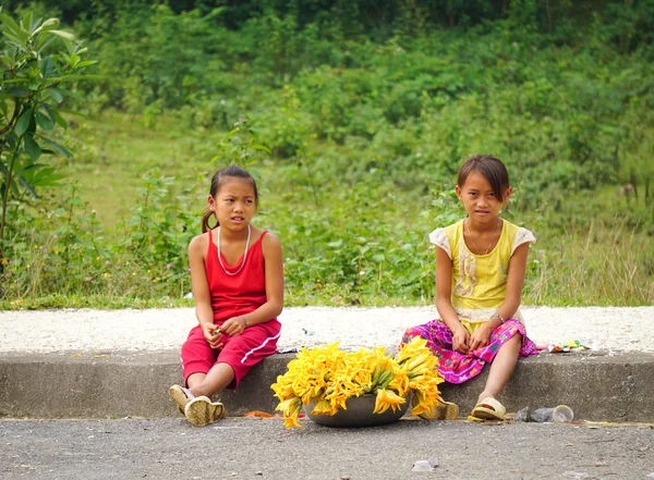 Hmong women selling vegetables on street — Stock Photo, Image