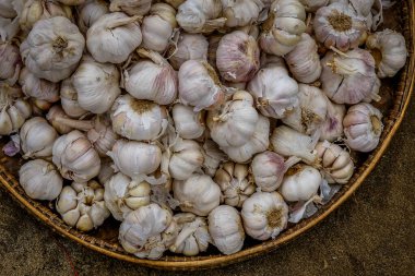 Selling fresh garlic in a traditional market in Mandalay, Myanmar.