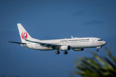 Naha, Japonya - 12 Aralık 2025. JA350J Japon Transocean Air Boeing 737-800 Okinawa Havalimanı 'na (OKA) indi..