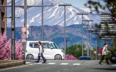 Morioka, Japonya - 24 Nisan 2025. Japonya 'nın arka planında karlı dağlarla kaplı Morioka kentsel manzarası.