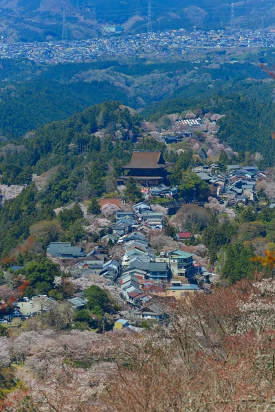 Japonya 'nın Nara, Yoshino Dağı' nda çiçek açan kiraz çiçekleriyle çevrili büyüleyici yamaç köyü..