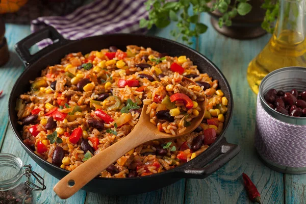 Arroz Mexicano Con Carne Picada Verduras Vista Frontal — Foto de Stock