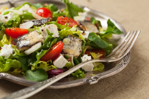 Uma Deliciosa Salada Com Sardinhas Queijo Feta Vista Frontal — Fotografia de Stock