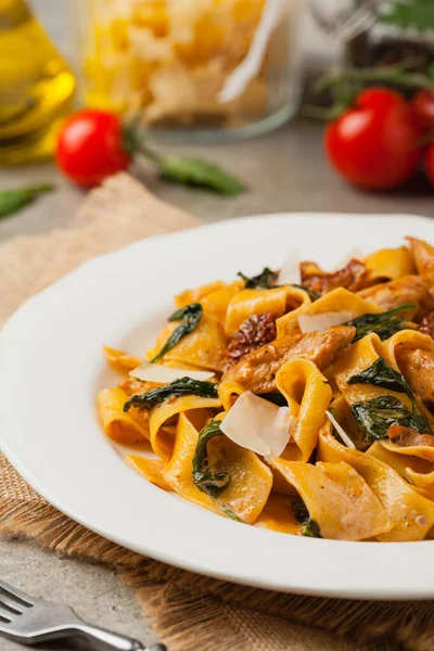 Italian Salad Pappardelle Pasta Spinach Grilled Chicken Dried Tomatoes Sprinkled — Stock Photo, Image
