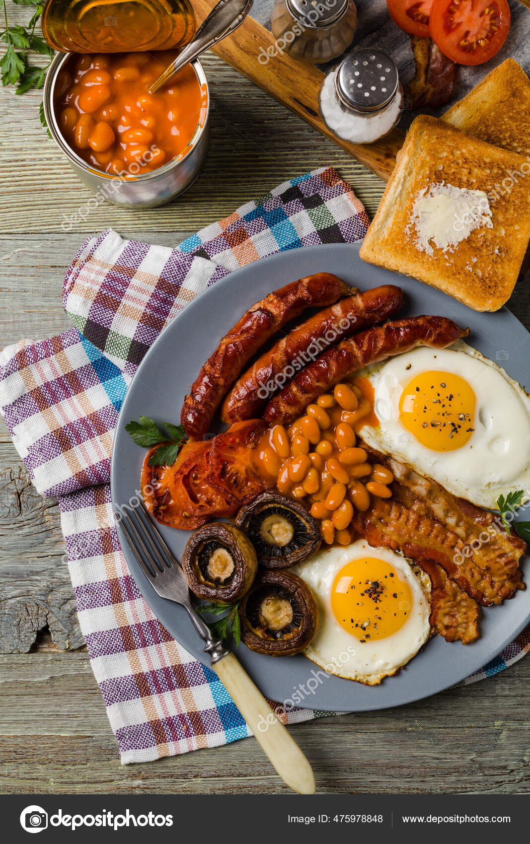 Full English Breakfast Sausage Mushrooms Beans Fried Egg Top View Stock