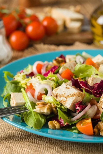 Tofulu Domatesli Cevizli Nefis Salata Üzerine Balzamik Sirke Serpilmiş Mavi — Stok fotoğraf