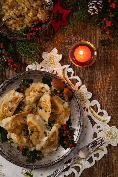 Traditional Dumplings Cabbage Mushrooms Christmas Decoration Top View — Stock Photo, Image