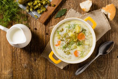 Geleneksel salatalık çorbası ve salatalık turşusu. Üst görünüm.