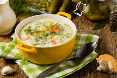 Geleneksel salatalık çorbası ve salatalık turşusu. Ön görünüm.