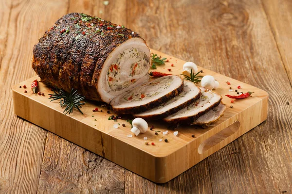 Baked Whole Bacon Roulade Minced Meat Mushrooms Paprika Front View — Stock Photo, Image