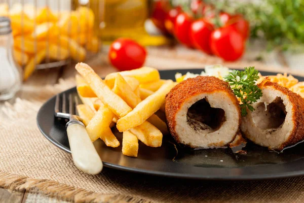 Chicken Kiev Volaille Chop French Fries Salads Front View — Stock Photo, Image