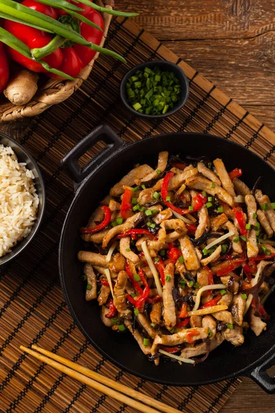 Pork Chop Peppers Mushrooms Bamboo Served Rice Top — Stock Photo, Image