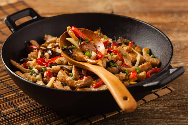 Pork Chop Peppers Mushrooms Bamboo Served Rice Front View — Stock Photo, Image