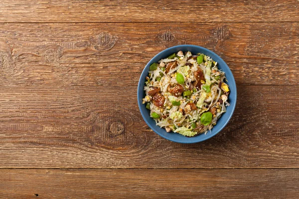 Fried Veal Rice Chinese Cabbage Mushrooms Sprinkled Sesame Soy Sauce — Stock Photo, Image