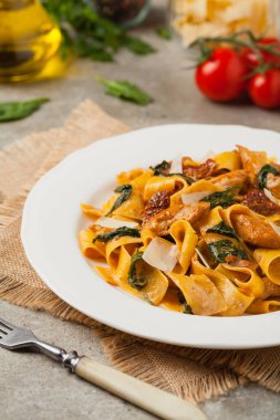 İtalyan salatası, pappardelle makarna, ıspanak, ızgara tavuk ve kurutulmuş domates, üzerine peynir serpiştirilmiş. Ön manzara. Taş arkaplan.