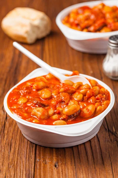 Baked Beans Tomato Sauce Served Plastic Cups Front View — Stock Photo, Image