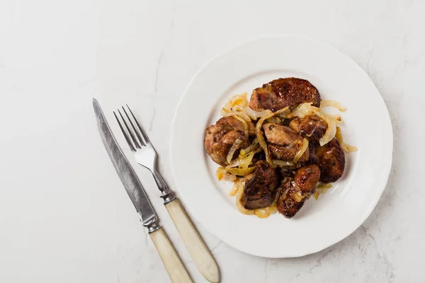 Fried Chicken Liver Onions Top View Stone Background — Stock Photo, Image