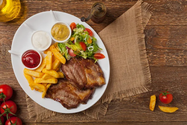 Grilled Pork Neck Served French Fries Salad Top View — Stock Photo, Image