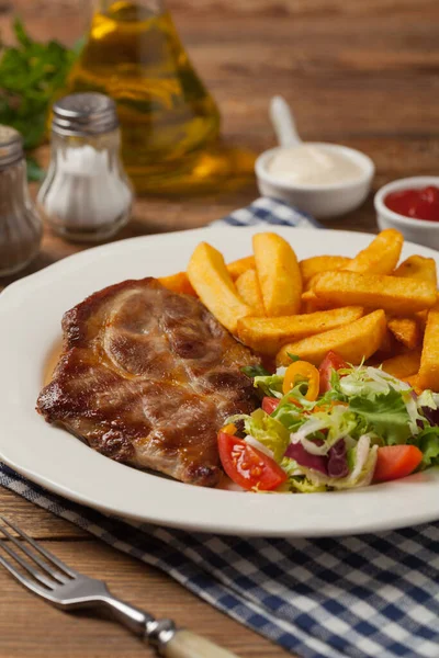 Grilled Pork Neck Served French Fries Salad Front View — Stock Photo, Image