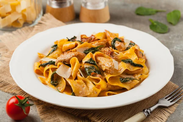 Italian Salad Pappardelle Pasta Spinach Grilled Chicken Dried Tomatoes Sprinkled — Stock Photo, Image