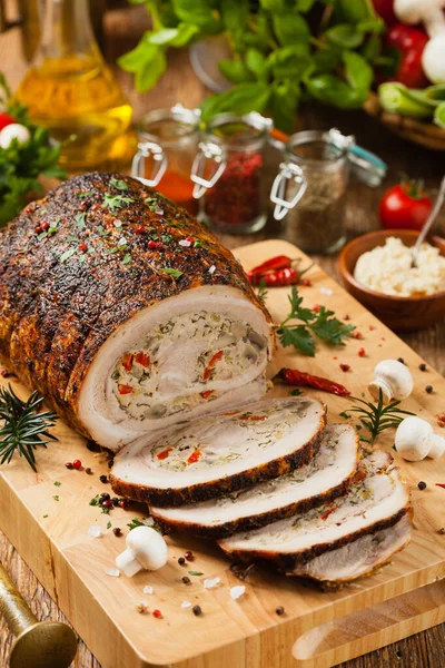 Baked Whole Bacon Roulade Minced Meat Mushrooms Paprika Front View — Stock Photo, Image