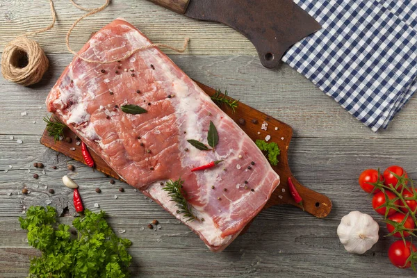 Raw Bacon Whole Wooden Background Top View — Stock Photo, Image