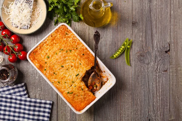 Pastel Cabaña Con Carne Res Patatas Vista Superior —  Fotos de Stock