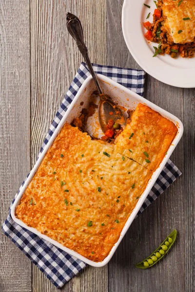 Pastel Cabaña Con Carne Res Patatas Vista Superior —  Fotos de Stock