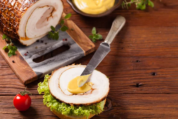 Rolled Roasted Pork Belly Front View — Stock Photo, Image