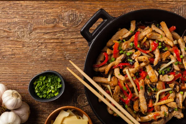 Pork Chop Peppers Mushrooms Bamboo Served Rice Top — Stock Photo, Image