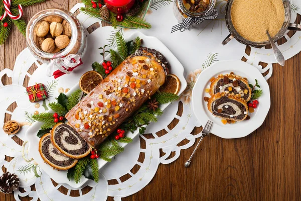 Poppy Seed Roulade Christmas Decoration Served Coffee Tea Top View — Stock Photo, Image