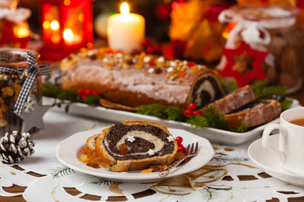 Poppy Seed Roulade Christmas Decoration Served Coffee Tea Front View — Stock Photo, Image