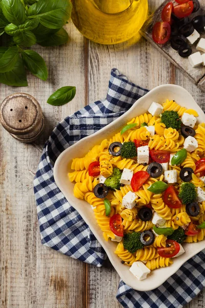 Salat Mit Nudeln Und Feta Käse Ansicht Von Oben Flache — Stockfoto