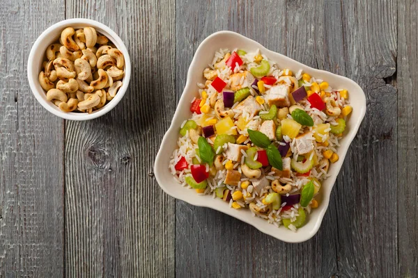 Salad Rice Chicken Peanuts Vegetables Top View — Stock Photo, Image