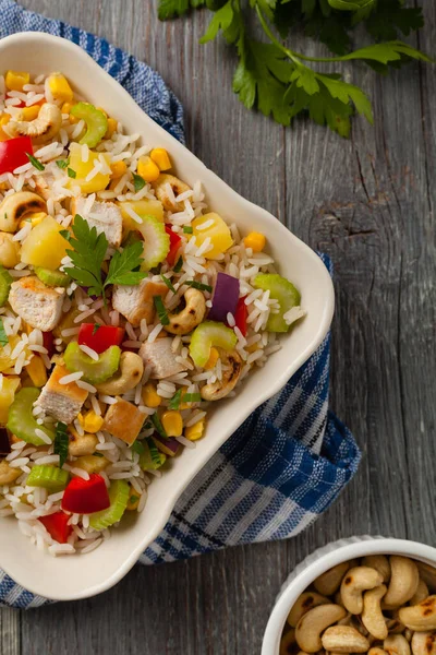 Salad Rice Chicken Peanuts Vegetables Top View — Stock Photo, Image