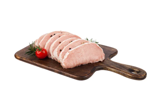 Raw Pork Chop Sliced Chopping Board White Background Isolated — Stock Photo, Image