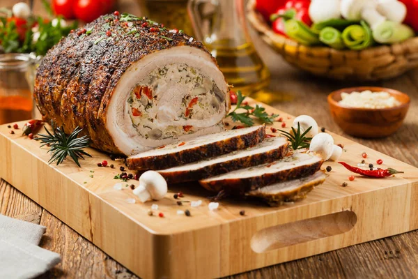 Baked Whole Bacon Roulade Minced Meat Mushrooms Paprika Front View — Stock Photo, Image