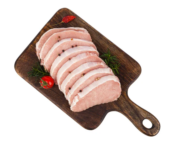 Raw Pork Chop Sliced Chopping Board White Background Isolated — Stock Photo, Image